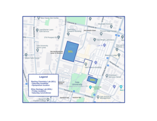 Map of the area hosting the symposium, with Kline Geology Laboratory and Sterling Chemistry Laboratory labeled and a suggested route between the two outlined.